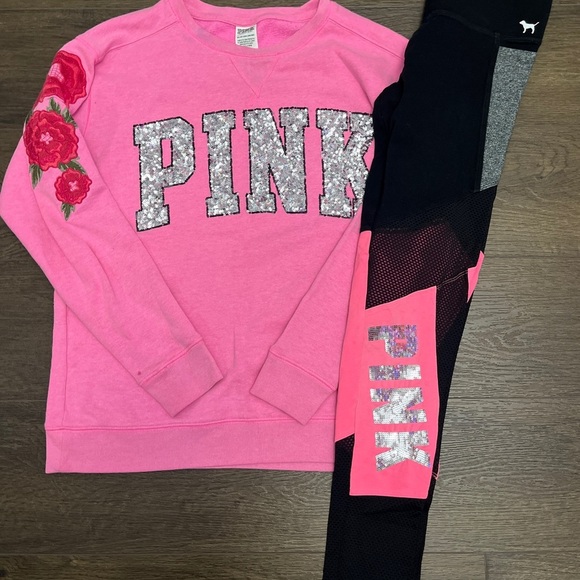 PINK Victoria's Secret Roses bling sweatshirt/ Mesh neon leggings Outfit S - Picture 1 of 16